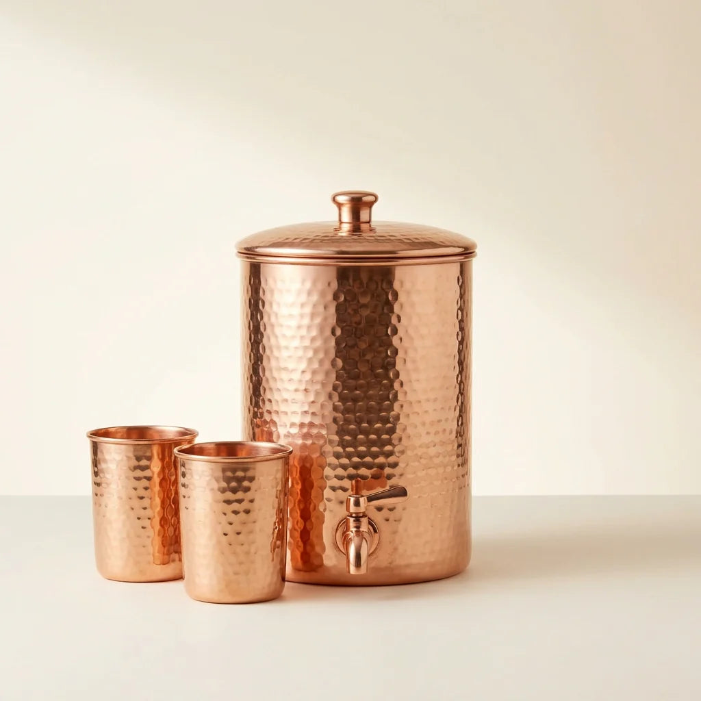 Hammered Copper Water Dispenser Set with Cups