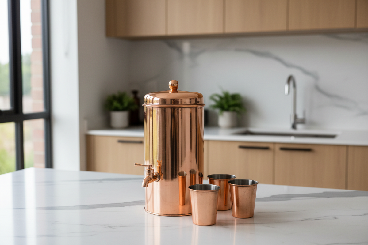 Thecuivre copper water dispenser and cups styled on a marble kitchen counter in a modern home