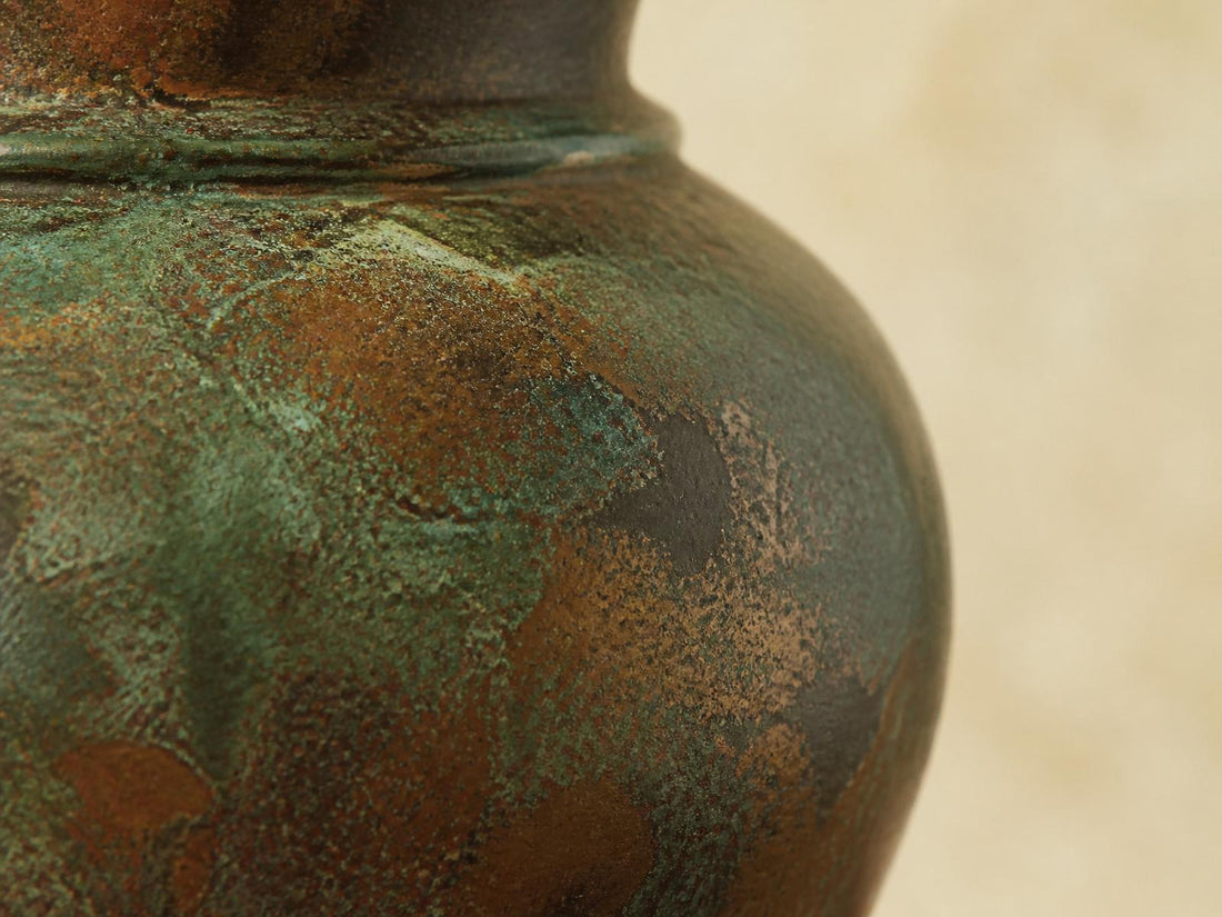 Close view of naturally aged copper with green patina